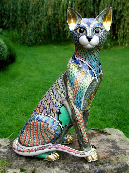 cats, cats in art, ceramics, David Burnham Smith, Master ceramic artists, artist who sculpt cats, Porcelain sculptures of cats, Clay, pottery, Kiln fired pottery, colorful cermaic cats, beautiful ceramic cats, cat inspired artwork, exclusive art, one of a kind cat sculptures